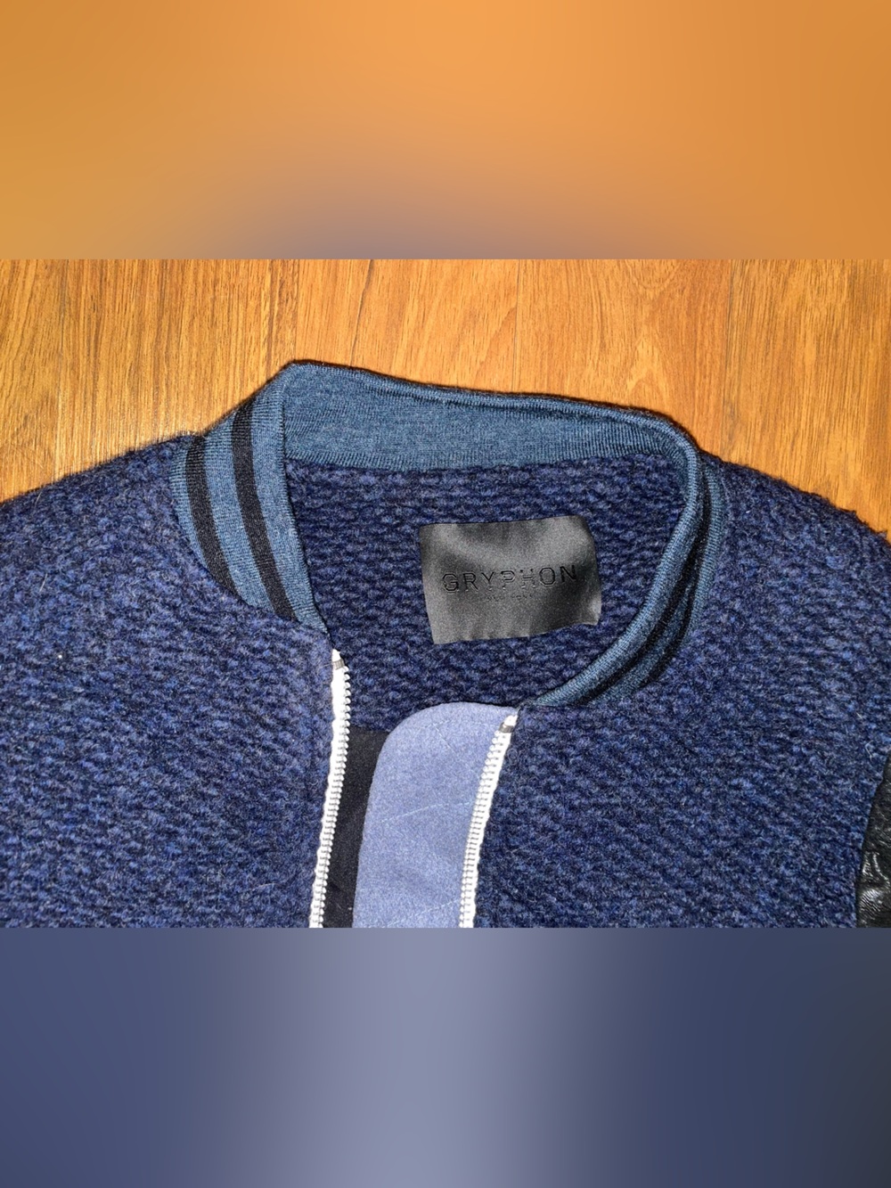 Gryphon New York Navy Varsity Jacket Leather Sleeve Asymmetrical Zip